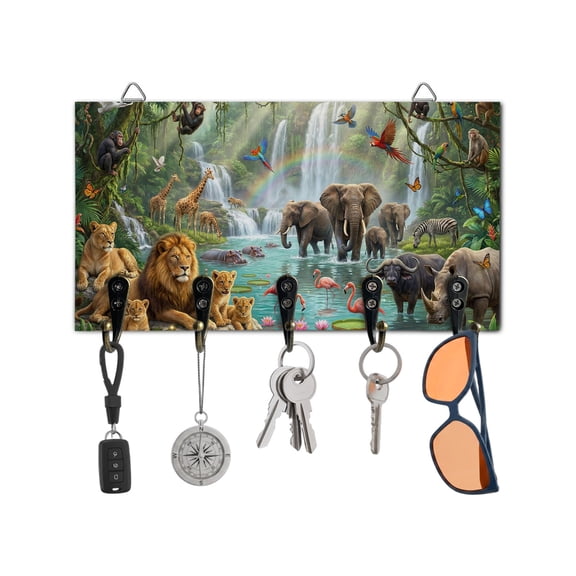Key Holder for Wall Forest Animal Key Hooks Wood Wall Mounted Key Holder Rainbow Waterfall Elephant Lion Flamigo Key Rack Organizer with 5 Hooks for Entryway, Hallway Office Bathroom Kitchen Decor