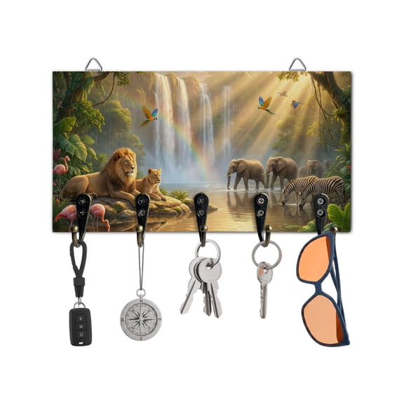 Key Holder for Wall Forest Animal Key Hooks Wood Wall Mounted Key Holder Sunlight Rainbow Elephant Lion Leopard Key Rack Organizer with 5 Hooks for Entryway, Hallway Office Bathroom Kitchen Decor