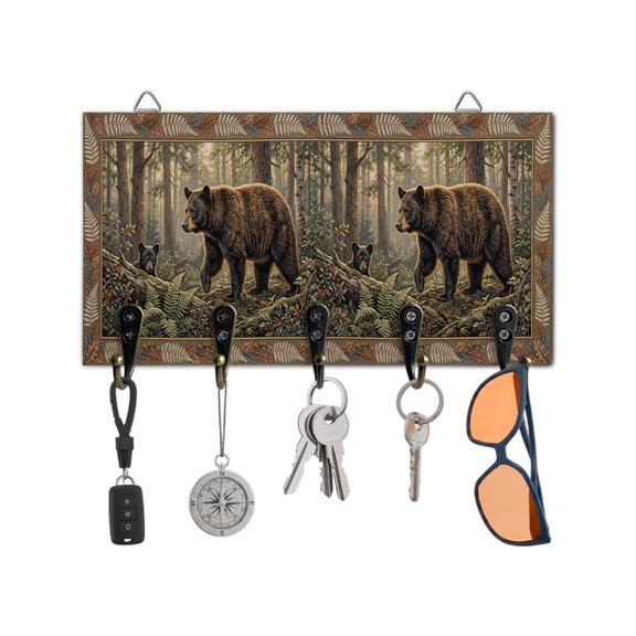 Key Holder for Wall Forest Bear Key Hooks Wood Wall Mounted Key Holder Animal Sunlight Tree Leaves Key Rack Organizer with 5 Hooks for Entryway, Hallway Office Bathroom Kitchen Home Decor
