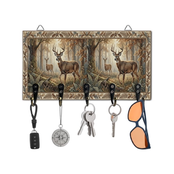 Key Holder for Wall Forest Stag Key Hooks Wood Wall Mounted Key Holder Animal Sunlight Tree Leaves Key Rack Organizer with 5 Hooks for Entryway, Hallway Office Bathroom Kitchen Home Decor