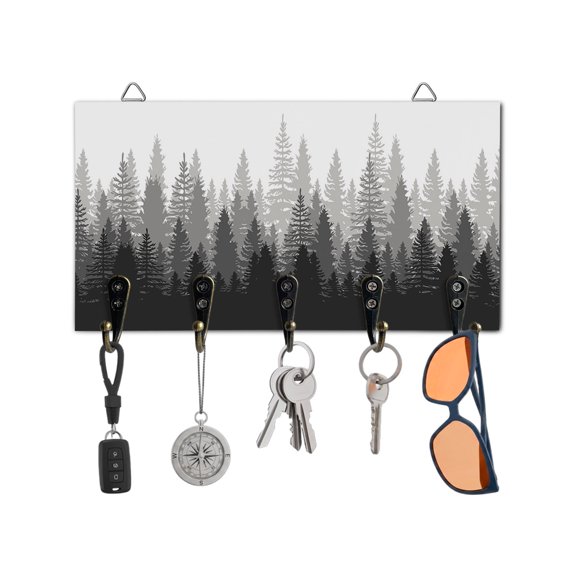 Key Holder for Wall Forest Tree Key Hooks Wood Wall Mounted Key Holder Misty Forest Landscape Nature Gray Key Rack Organizer with 5 Hooks for Entryway, Hallway Office Bathroom Kitchen Home Decor
