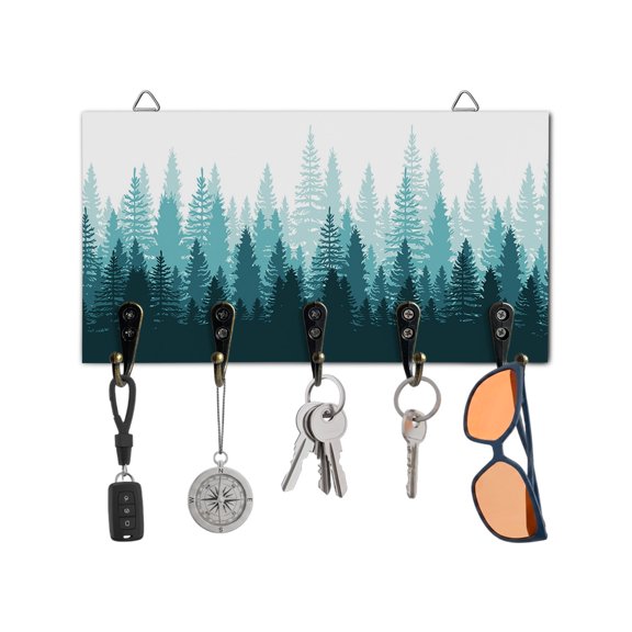 Key Holder for Wall Forest Tree Key Hooks Wood Wall Mounted Key Holder Misty Forest Landscape Nature Key Rack Organizer with 5 Hooks for Entryway, Hallway Office Bathroom Kitchen Home Decor