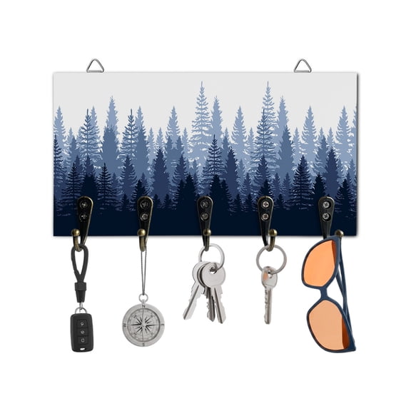 Key Holder for Wall Forest Tree Key Hooks Wood Wall Mounted Key Holder Misty Forest Silhouette Nature Ombre Key Rack Organizer with 5 Hooks for Entryway, Hallway Office Bathroom Kitchen Home Decor