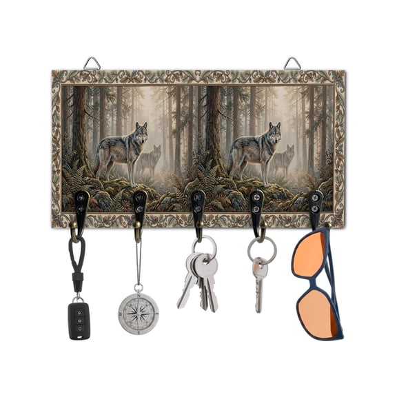 Key Holder for Wall Forest Wolf Key Hooks Wood Wall Mounted Key Holder Animal Sunlight Tree Leaves Key Rack Organizer with 5 Hooks for Entryway, Hallway Office Bathroom Kitchen Home Decor