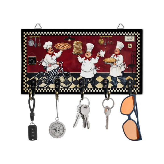 Key Holder for Wall Funny Chef Key Hooks Wood Wall Mounted Key Holder Cozy Kitchen Pizza Buffalo Plaid Key Rack Organizer with 5 Hooks for Entryway, Hallway Office Bathroom Kitchen Home Decor