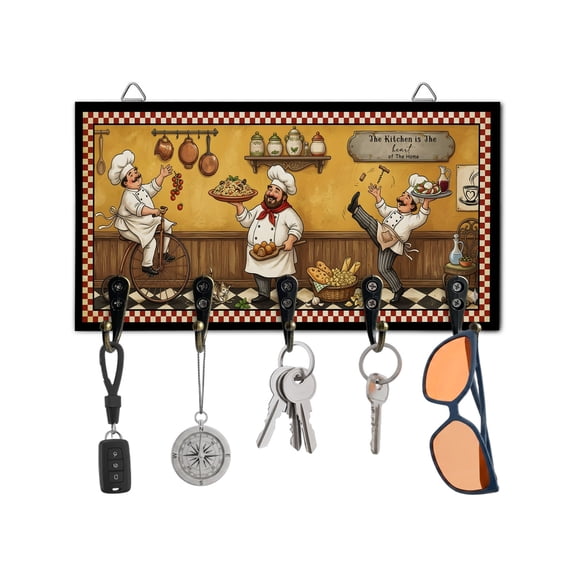 Key Holder for Wall Funny Chef Key Hooks Wood Wall Mounted Key Holder Pizza Toss Cooking Kitchen Plaid Key Rack Organizer with 5 Hooks for Entryway, Hallway Office Bathroom Kitchen Home Decor