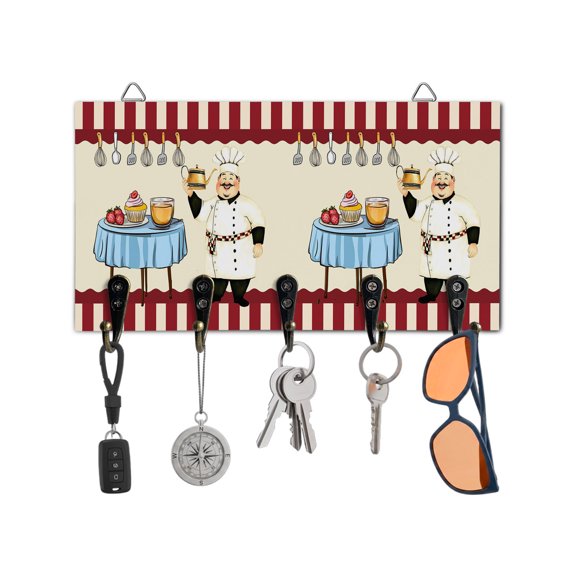 Key Holder for Wall Funny Chef Kitchen Dessert Key Hooks Wood Wall Mounted Key Holder Red Stripes Key Rack Organizer with 5 Hooks for Entryway, Hallway Office Bathroom Kitchen Home Decor