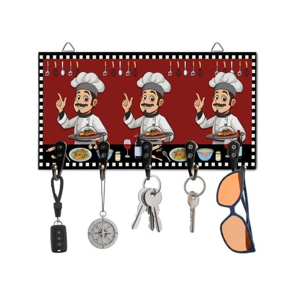 Key Holder for Wall Funny Chef Kitchen Key Hooks Wood Wall Mounted Key Holder Buffalo Plaid Check Red Key Rack Organizer with 5 Hooks for Entryway, Hallway Office Bathroom Kitchen Home Decor