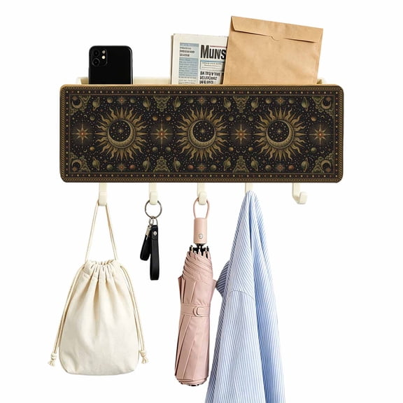 Key Holder for Wall Galaxy Cosmic Astrology Key and Mail Holder with Shelf 5 Hooks Storage Key Organizer Mystical Celestial Star Moon Wood Wall Key Hanger for Entryway Hallway Kitchen Office Decor