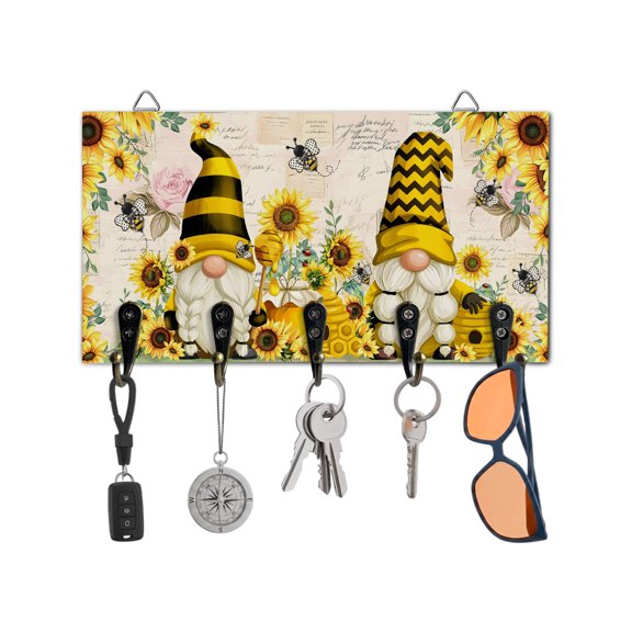 Key Holder for Wall Gnome Honey Bee Key Hooks Wood Wall Mounted Key Holder Sunflower Vintage Key Rack Organizer with 5 Hooks for Entryway, Hallway Office Bathroom Kitchen Home Decor