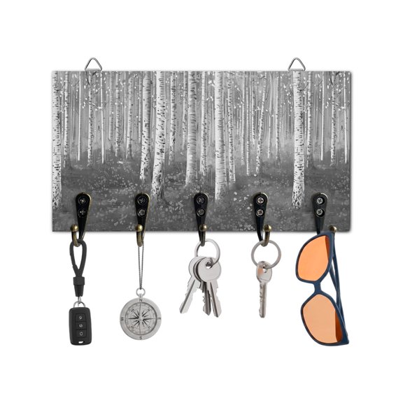 Key Holder for Wall Gray Forest Plant Key Hooks Wood Wall Mounted Key Holder Tree Illustration Key Rack Organizer with 5 Hooks for Entryway, Hallway Office Bathroom Kitchen Home Decor