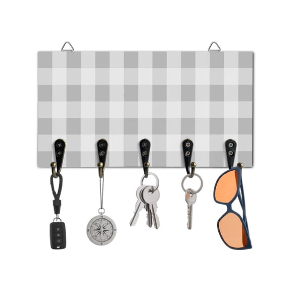 Key Holder for Wall Gray White Buffalo Plaid Key Hooks Wood Wall Mounted Key Holder Classic Checked Key Rack Organizer with 5 Hooks for Entryway, Hallway Office Bathroom Kitchen Home Decor