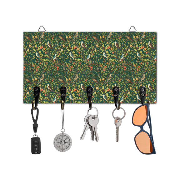 Key Holder for Wall Green Bird Key Hooks Wood Wall Mounted Key Holder Berry Tree Branch Plant Key Rack Organizer with 5 Hooks for Entryway, Hallway Office Bathroom Kitchen Home Decor