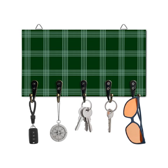 Key Holder for Wall Green Buffalo Plaid Key Hooks Wood Wall Mounted Key Holder Checked Stripes Key Rack Organizer with 5 Hooks for Entryway, Hallway Office Bathroom Kitchen Home Decor