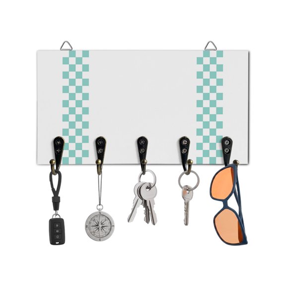 Key Holder for Wall Green Check Plaid Key Hooks Wood Wall Mounted Key Holder Buffalo Farmhouse Style Pattern Key Rack Organizer with 5 Hooks for Entryway, Hallway Office Bathroom Kitchen Home Decor