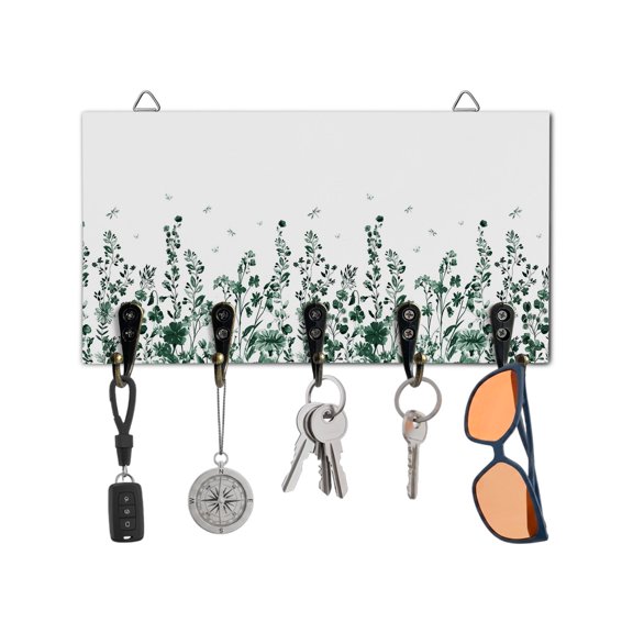 Key Holder for Wall Green Floral Key Hooks Wood Wall Mounted Key Holder Watercolor Flower Dragonfly Key Rack Organizer with 5 Hooks for Entryway, Hallway Office Bathroom Kitchen Home Decor