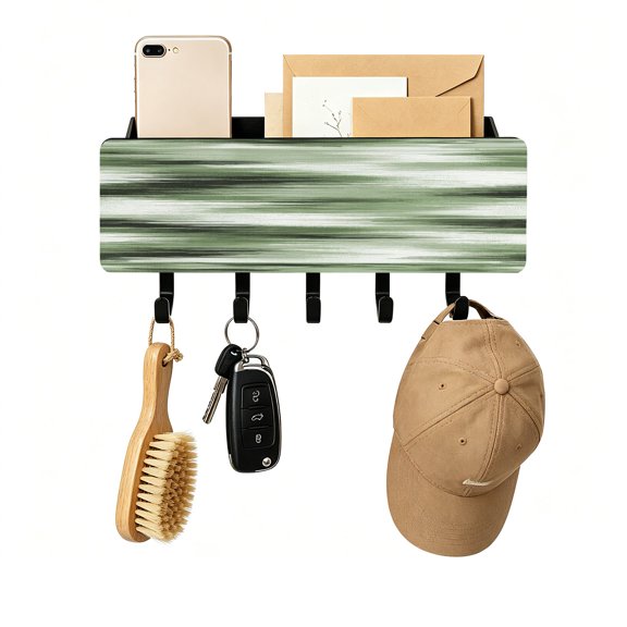 Key Holder for Wall Green Forest Horizon Key and Mail Holder with Shelf 5 Hooks Storage Key Organizer Rack Modern Abstract Clouds Wood Wall Key Hanger for Entryway Hallway Kitchen Office Home Decor
