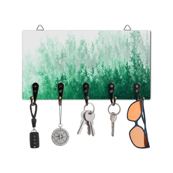 Key Holder for Wall Green Forest Key Hooks Wood Wall Mounted Key Holder Abstract Tree Key Rack Organizer with 5 Hooks for Entryway, Hallway Office Bathroom Kitchen Home Decor