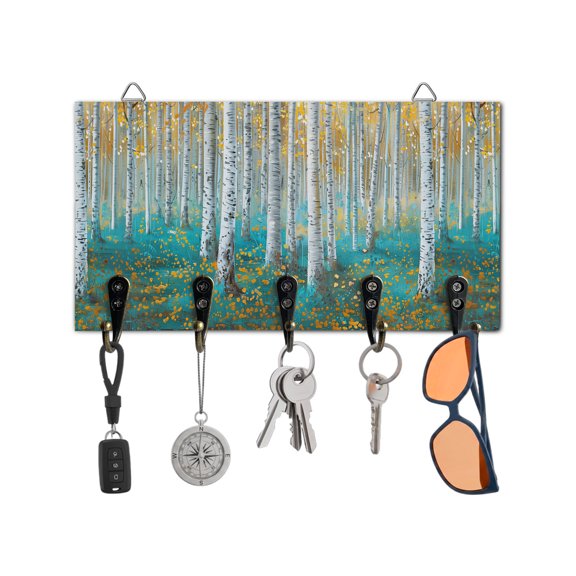 Key Holder for Wall Green Forest Plant Key Hooks Wood Wall Mounted Key Holder Tree Illustration Yellow Key Rack Organizer with 5 Hooks for Entryway, Hallway Office Bathroom Kitchen Home Decor