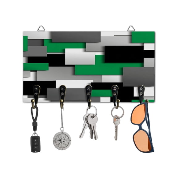 Key Holder for Wall Green Geometric Key Hooks Wood Wall Mounted Key Holder Modern Abstract Checkered Key Rack Organizer with 5 Hooks for Entryway, Hallway Office Bathroom Kitchen Home Decor