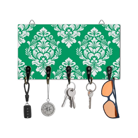 Key Holder for Wall Green Luxurious Floral Key Hooks Wood Wall Mounted Key Holder Classic Abstract Art Key Rack Organizer with 5 Hooks for Entryway, Hallway Office Bathroom Kitchen Home Decor