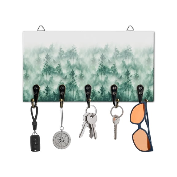 Key Holder for Wall Green Mist Forest Key Hooks Wood Wall Mounted Key Holder Ombre Tree Key Rack Organizer with 5 Hooks for Entryway, Hallway Office Bathroom Kitchen Home Decor