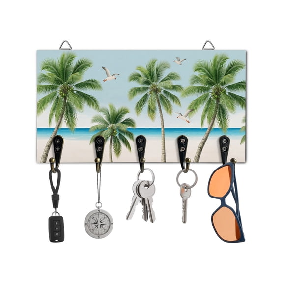 Key Holder for Wall Green Palm Trees Key Hooks Wood Wall Mounted Key Holder Tropical Coconut Leaves Beach Key Rack Organizer with 5 Hooks for Entryway, Hallway Office Bathroom Kitchen Home Decor