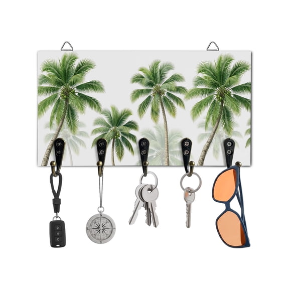 Key Holder for Wall Green Palm Trees Key Hooks Wood Wall Mounted Key Holder Tropical Coconut Leaves Key Rack Organizer with 5 Hooks for Entryway, Hallway Office Bathroom Kitchen Home Decor