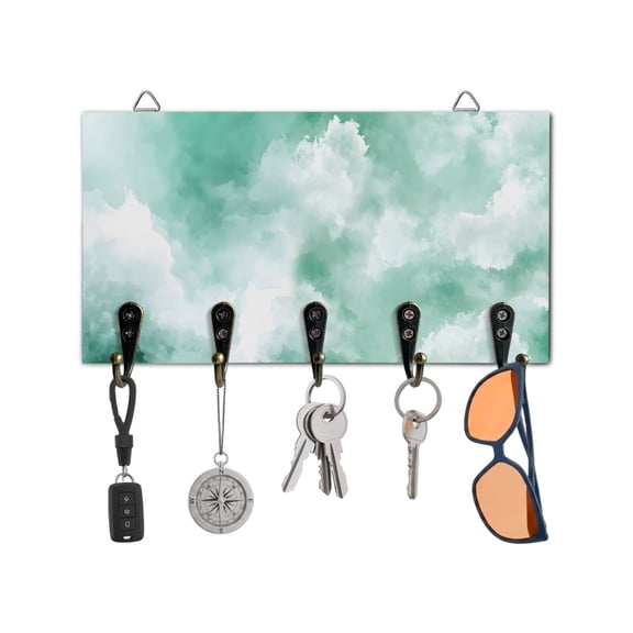 Key Holder for Wall Green Sky Cloud Key Hooks Wood Wall Mounted Key Holder Gradient Color Key Rack Organizer with 5 Hooks for Entryway, Hallway Office Bathroom Kitchen Home Decor