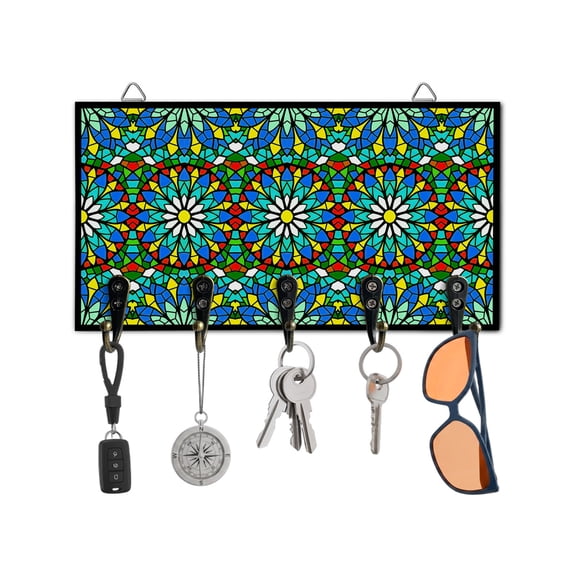 Key Holder for Wall Green Stained Glass Flower Key Hooks Wood Wall Mounted Key Holder Shiny Tiling Bohemian Key Rack Organizer with 5 Hooks for Entryway, Hallway Office Bathroom Kitchen Home Decor