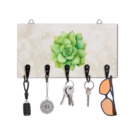 Key Holder for Wall Green Succulent Key Hooks Wood Wall Mounted Key Holder Green Leaves Ferns Plants Key Rack Organizer with 5 Hooks for Entryway, Hallway Office Bathroom Kitchen Home Decor