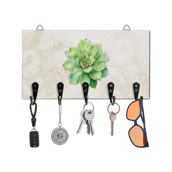 Key Holder for Wall Green Succulent Key Hooks Wood Wall Mounted Key Holder Green Leaves Plants Key Rack Organizer with 5 Hooks for Entryway, Hallway Office Bathroom Kitchen Home Decor