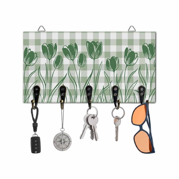 Key Holder for Wall Green Tulip Flowers Key Hooks Wood Wall Mounted Key Holder Floral Buffalo Plaid Key Rack Organizer with 5 Hooks for Entryway, Hallway Office Bathroom Kitchen Home Decor