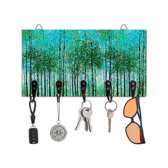 Key Holder for Wall Green Woodland Key Hooks Wood Wall Mounted Key Holder Tree Forest Painting Key Rack Organizer with 5 Hooks for Entryway, Hallway Office Bathroom Kitchen Home Decor