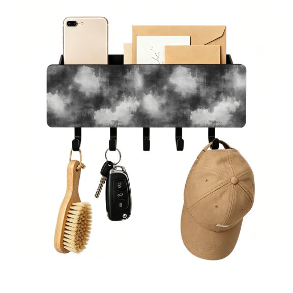 Key Holder for Wall Grey Abstract Clouds Key and Mail Holder with Shelf 5 Hooks Storage Key Organizer Rack Vintage Misty Wisps Wood Wall Key Hanger for Entryway Hallway Kitchen Office Home Decor