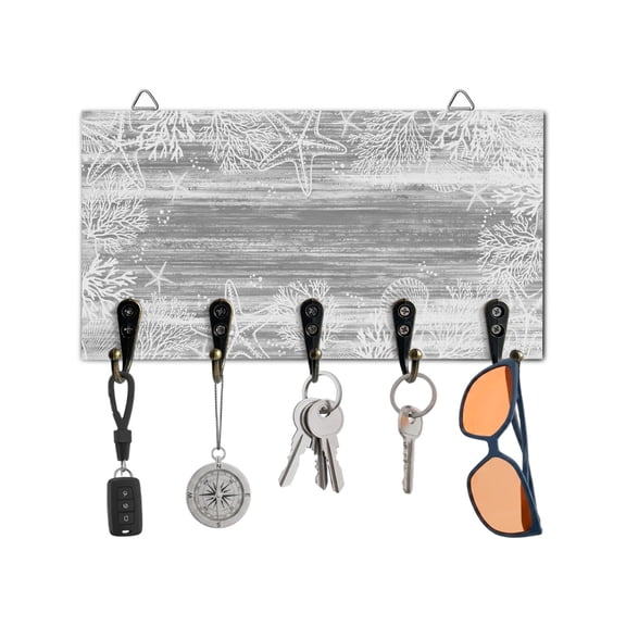 Key Holder for Wall Grey Coral Starfish Key Hooks Wood Wall Mounted Key Holder Summer Ocean Beach Shell Key Rack Organizer with 5 Hooks for Entryway, Hallway Office Bathroom Kitchen Home Decor