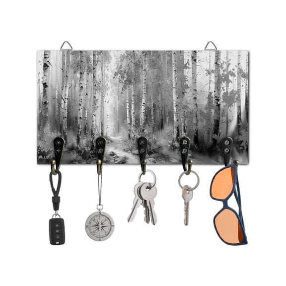 Key Holder for Wall Grey Forest Plant Key Hooks Wood Wall Mounted Key Holder Tree Illustration Key Rack Organizer with 5 Hooks for Entryway, Hallway Office Bathroom Kitchen Home Decor