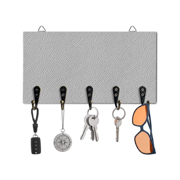 Key Holder for Wall Grey Leather Texture Key Hooks Wood Wall Mounted Key Holder Solid Color Key Rack Organizer with 5 Hooks for Entryway, Hallway Office Bathroom Kitchen Home Decor