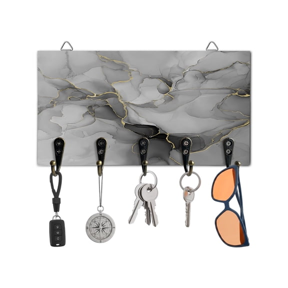 Key Holder for Wall Grey Marble Key Hooks Wood Wall Mounted Key Holder Abstract Art Lines Key Rack Organizer with 5 Hooks for Entryway, Hallway Office Bathroom Kitchen Home Decor