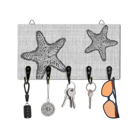 Key Holder for Wall Grey Ocean Starfish Key Hooks Wood Wall Mounted Key Holder Coastal Solid Color Linen Key Rack Organizer with 5 Hooks for Entryway, Hallway Office Bathroom Kitchen Home Decor