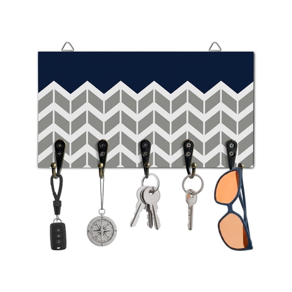Key Holder for Wall Herringbone Pattern Key Hooks Wood Wall Mounted Key Holder Vintage Navy Blue Grey Key Rack Organizer with 5 Hooks for Entryway, Hallway Office Bathroom Kitchen Home Decor