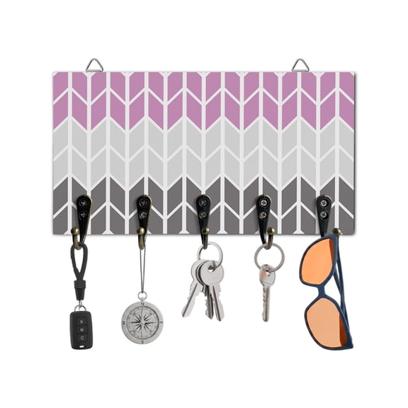 Key Holder for Wall Herringbone Pattern Key Hooks Wood Wall Mounted Key Holder Vintage Pink Ombre Grey Key Rack Organizer with 5 Hooks for Entryway, Hallway Office Bathroom Kitchen Home Decor