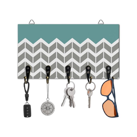 Key Holder for Wall Herringbone Pattern Key Hooks Wood Wall Mounted Key Holder Vintage Turquoise Grey Key Rack Organizer with 5 Hooks for Entryway, Hallway Office Bathroom Kitchen Home Decor