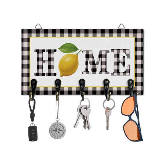Key Holder for Wall Home Lemon Key Hooks Wood Wall Mounted Key Holder Summer Fruit Black Buffalo Plaid Key Rack Organizer with 5 Hooks for Entryway, Hallway Office Bathroom Kitchen Home Decor