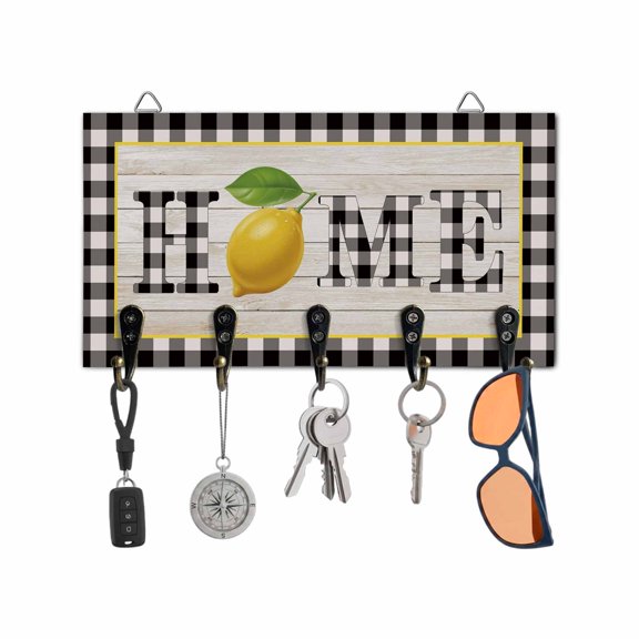 Key Holder for Wall Home Lemon Key Hooks Wood Wall Mounted Key Holder Summer Fruit Black Buffalo Plaid Wood Key Rack Organizer with 5 Hooks for Entryway, Hallway Office Bathroom Kitchen Home Decor
