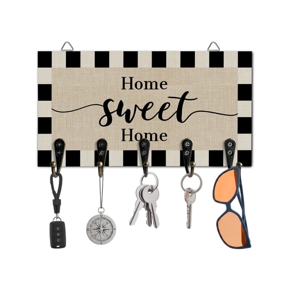 Key Holder for Wall Home Sweet Home Key Hooks Wood Wall Mounted Key Holder Minimalist Black Beige Buffalo Plaid Key Rack Organizer with 5 Hooks for Entryway, Hallway Office Bathroom Kitchen Decor