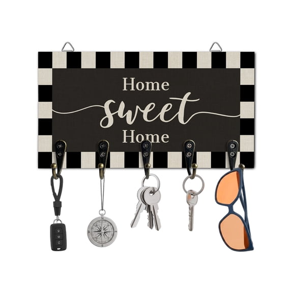 Key Holder for Wall Home Sweet Home Key Hooks Wood Wall Mounted Key Holder Minimalist Black White Buffalo Plaid Key Rack Organizer with 5 Hooks for Entryway, Hallway Office Bathroom Kitchen Decor