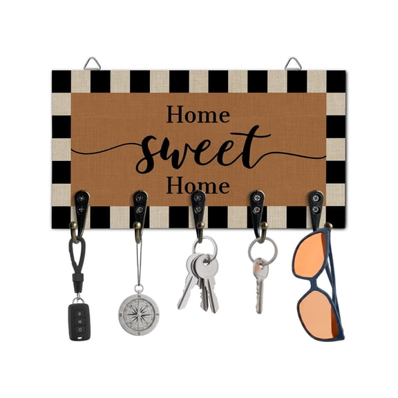 Key Holder for Wall Home Sweet Home Key Hooks Wood Wall Mounted Key Holder Minimalist Brown Black Buffalo Plaid Key Rack Organizer with 5 Hooks for Entryway, Hallway Office Bathroom Kitchen Decor