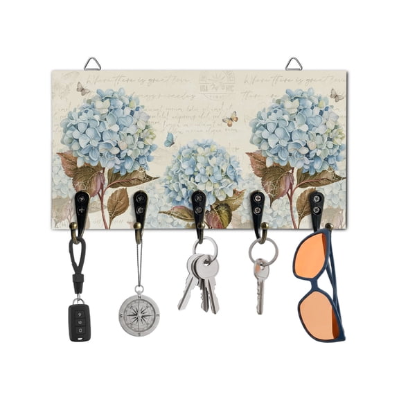 Key Holder for Wall Hydrangea Floral Key Hooks Wood Wall Mounted Key Holder Butterfly Elegant Blossoms Flowers Key Rack Organizer with 5 Hooks for Entryway, Hallway Office Bathroom Kitchen Decor