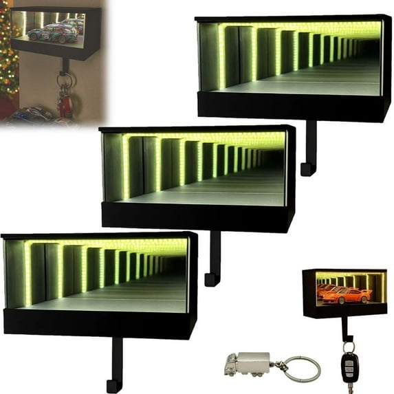 Key Holder for Wall, Infinity Garage Key Hanger with LED Lights,Mirrored Key Hook Rack for Car Enthusiasts, Unique Home Decor Gift for Men & Car Lovers (3PC)